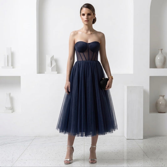 The Midnight Muse Corset Tulle Midi Dress