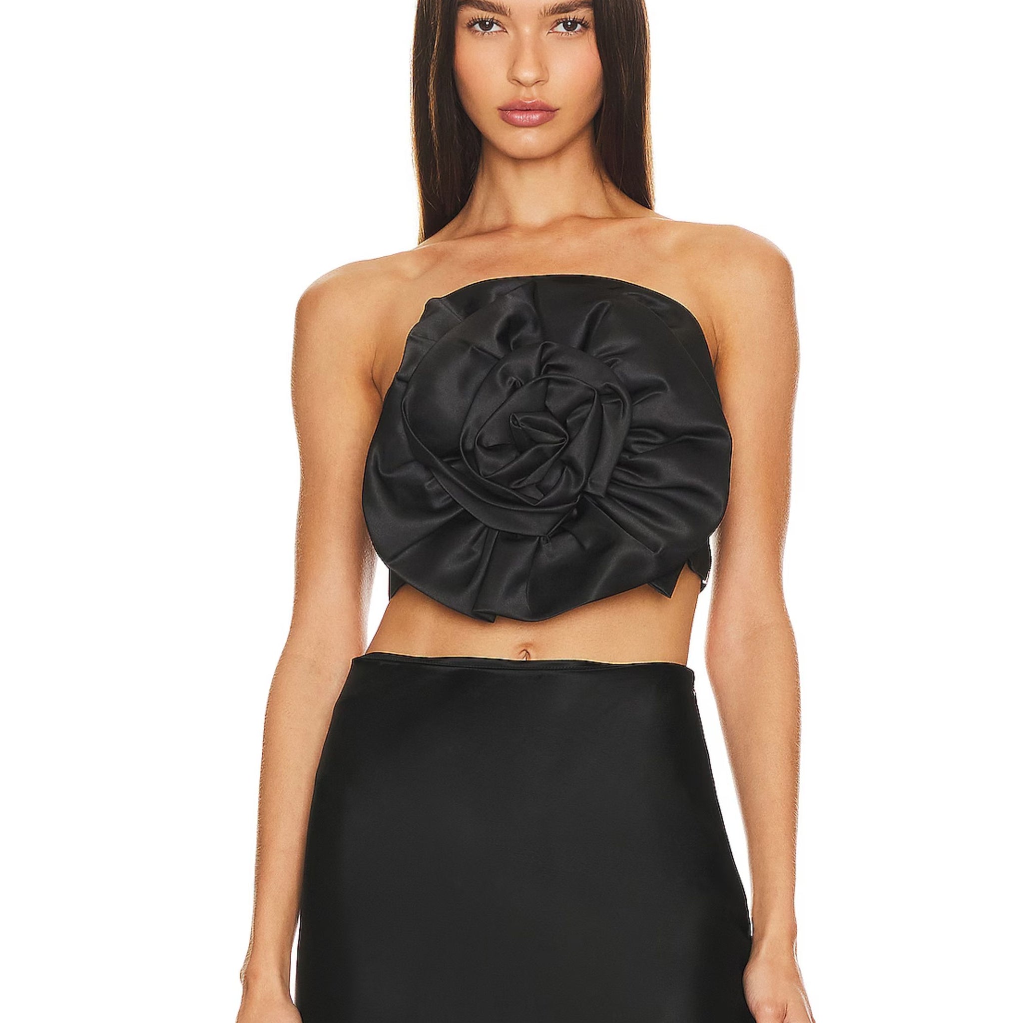 Floral Bow Satin Tube Top - Black