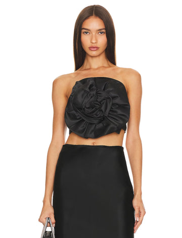 Floral Bow Satin Tube Top - Black