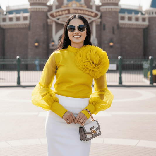 Organza Top With Puff Sleeves Flower Design- Grass Yellow - DrapeMe - Your Affordable place for In-Trend clothing