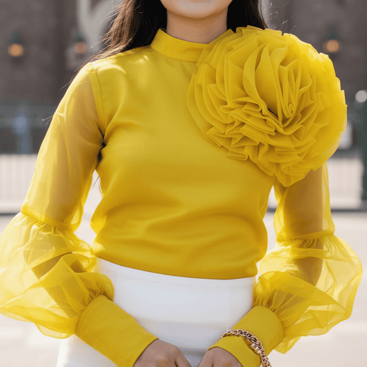 Organza Top With Puff Sleeves Flower Design- Grass Yellow - DrapeMe - Your Affordable place for In-Trend clothing