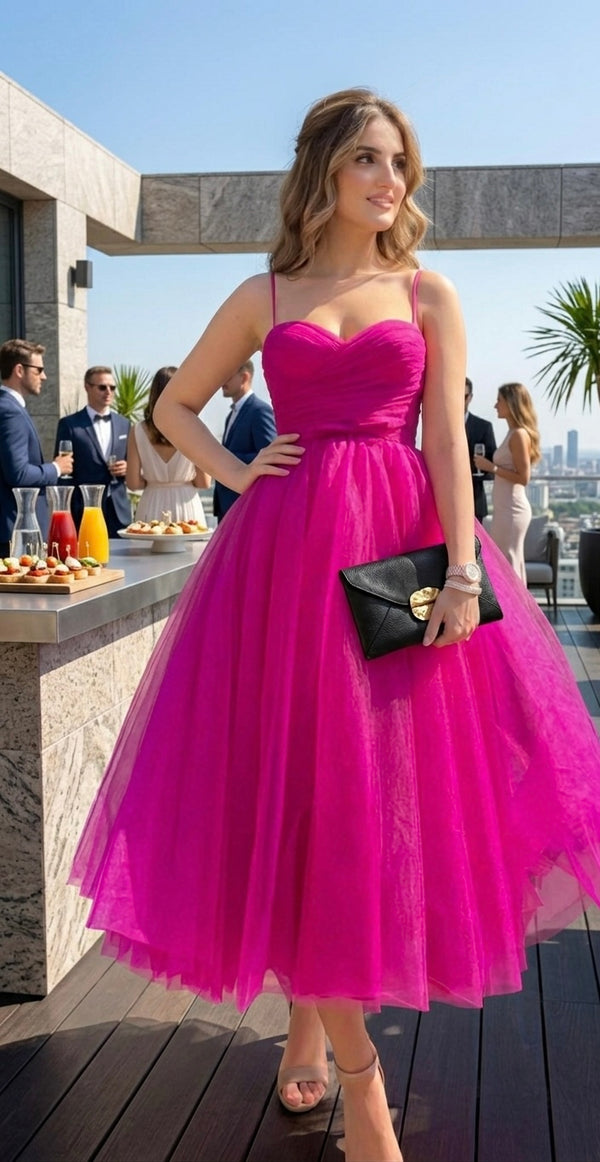 Sweetheart Neck Tulle Gown - Fuchsia Pink