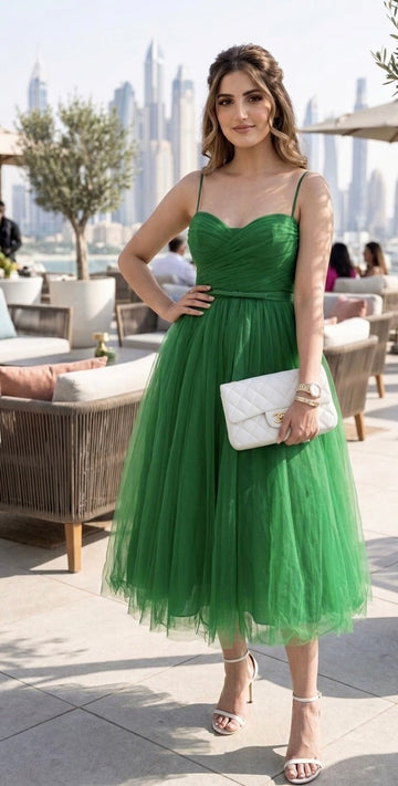 Sweetheart Neck Tulle Maxi Dress- Emerald Green