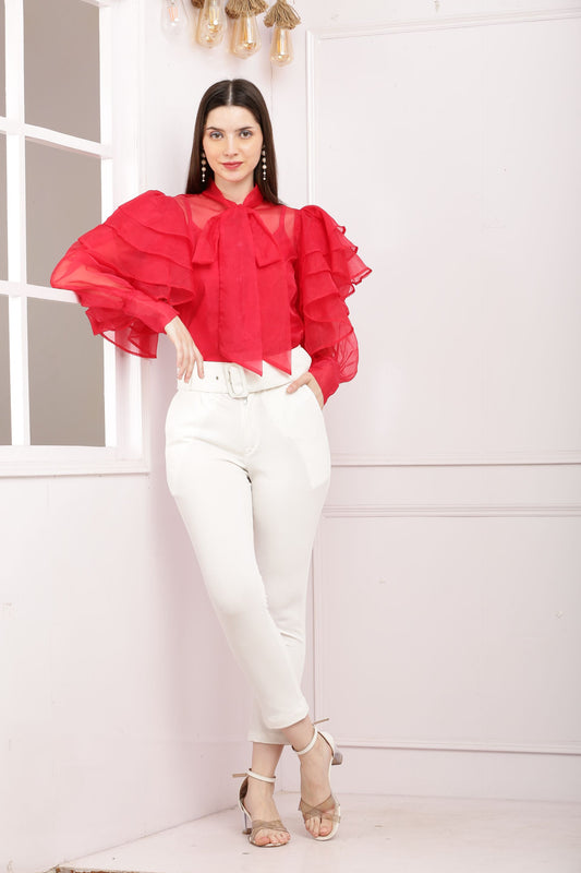 Ruffled Sleeved Tie Neck Top- Pinkish Red