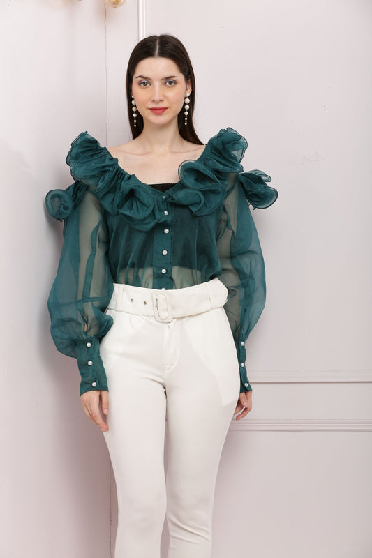 Ruffled All Around Top - Green