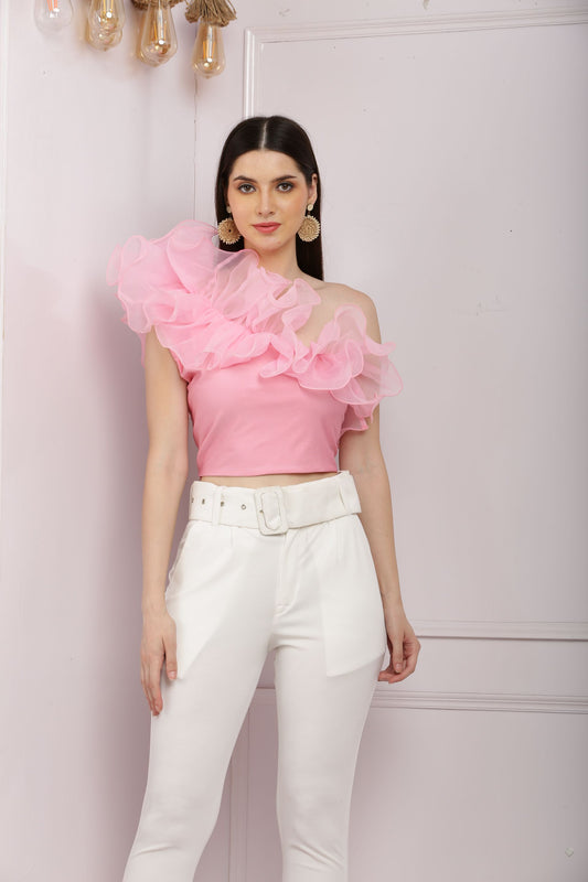 Trendy One Shoulder Ruffled Trim Top- Blush Pink