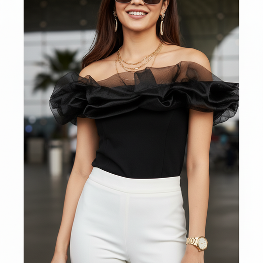 Bardot Organza Black Top With Puff Trim