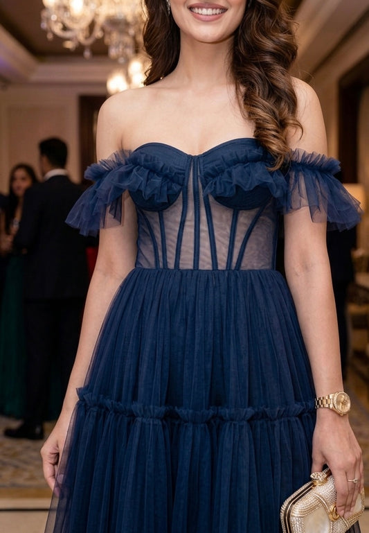 Angelic Off Shoulder Corset Maxi Dress - Dark Blue