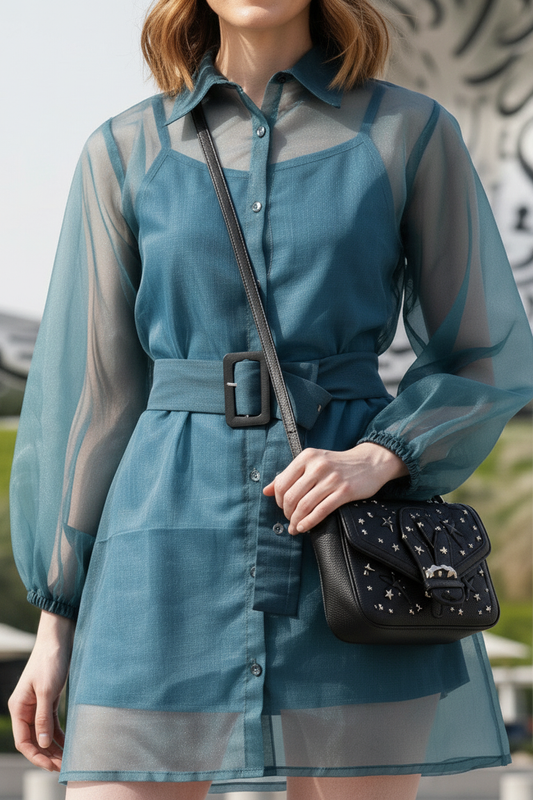Organza Belted Balloon Sleeve Shirt Dress - Teal Blue