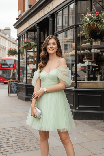 Offshoulder Pastel Green Tulle Mini Dress