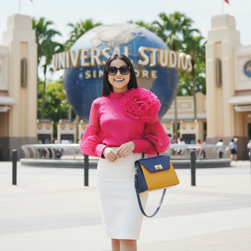Organza Top With Puff Sleeves Flower Design - Fuchsia Pink