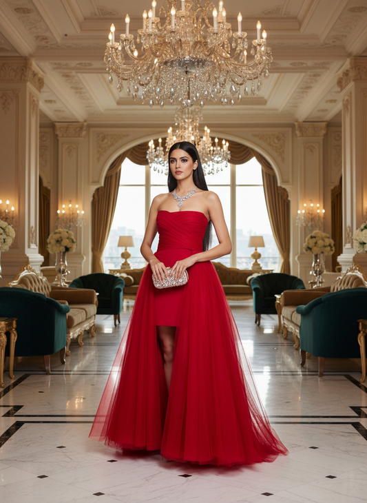 Women's strapless asymmetric tulle mini dress in powder blue from DrapeMe