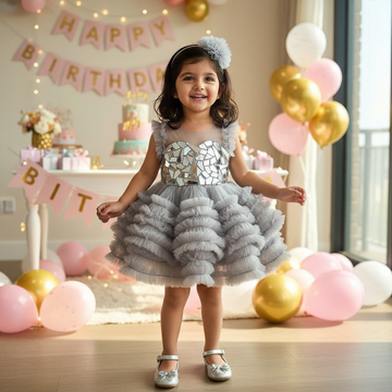 Mirror Embellished Tulle Dress - Grey