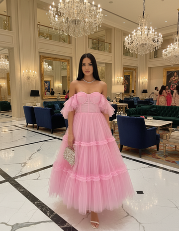 Offshoulder Corset Style Tulle Dress - Blush Pink