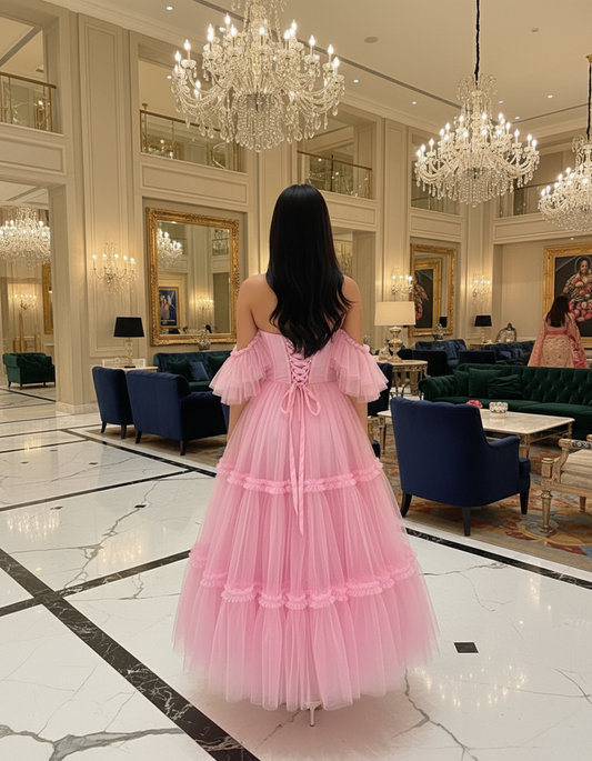 Offshoulder Corset Style Tulle Dress - Blush Pink