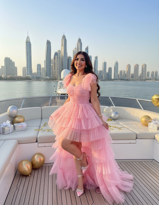 Luxury Blush Pink Princess Ruffle Tulle Birthday Party Gown for Women