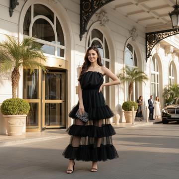 Midnight Muse Black Ruffle Net Party Wear Maxi Dress