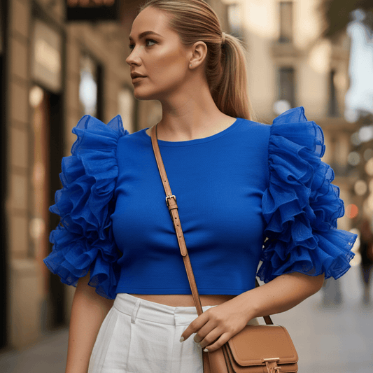 Royal Blue Organza Ruffle Sleeves Top