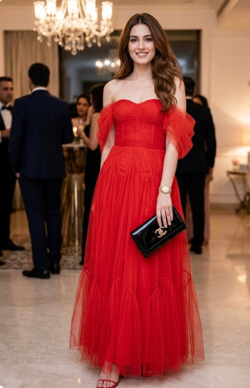Red Off Shoulder Tulle Party Gown For Women