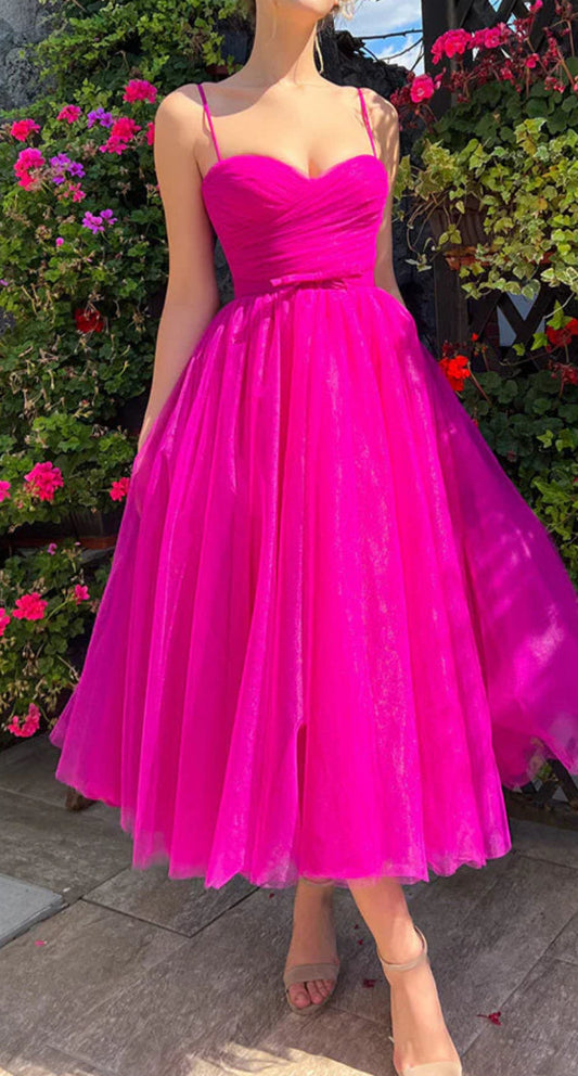 Women's fuchsia pink sweetheart neck tulle gown from DrapeMe