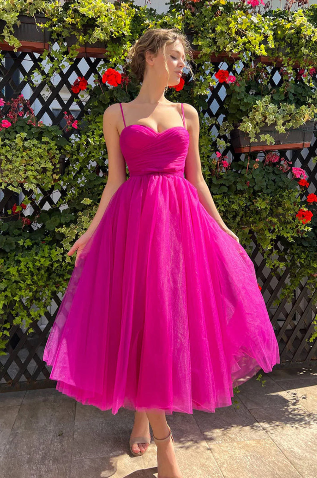 Sweetheart Neck Tulle Gown - Fuchsia Pink