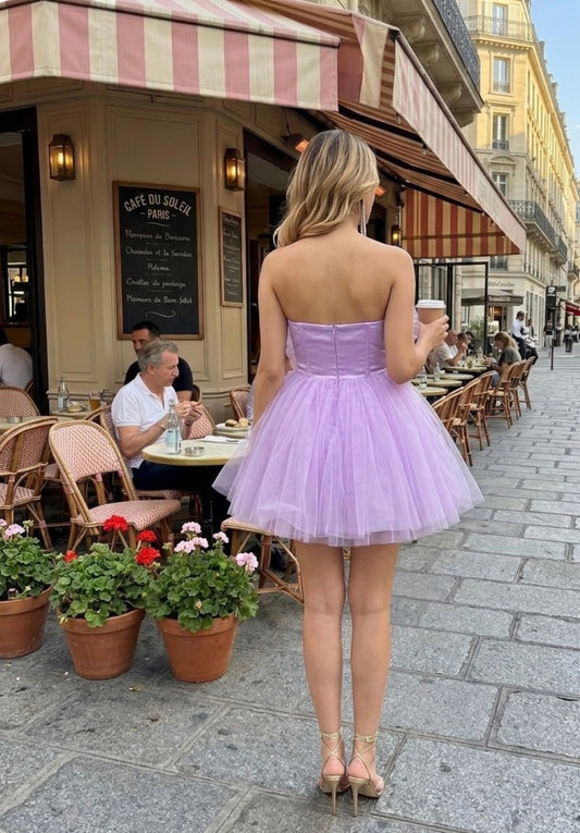 Lavender Floral Strapless Tulle Mini Dress