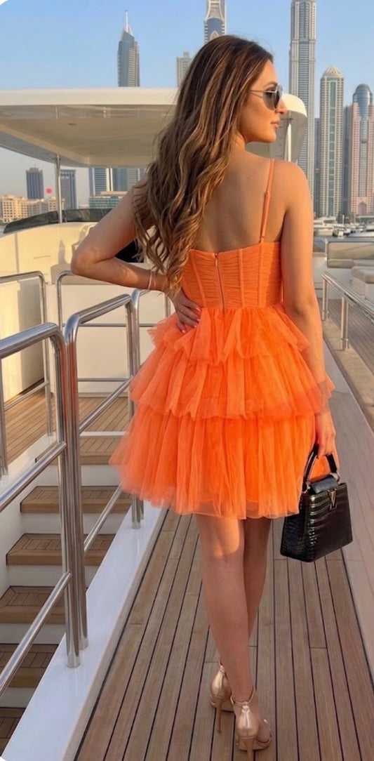 Orange Strapless Layered Tulle Mini Dress