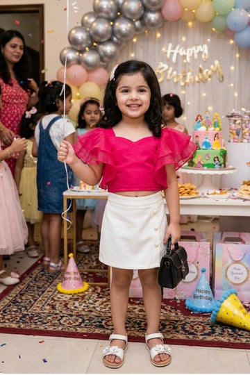 Girls Luxury Magenta Flutter-Sleeve Party Top