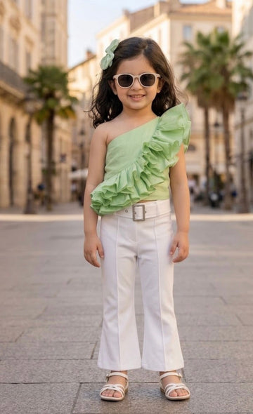 Mint Elegance One-Shoulder Ruffle Girls Party Top