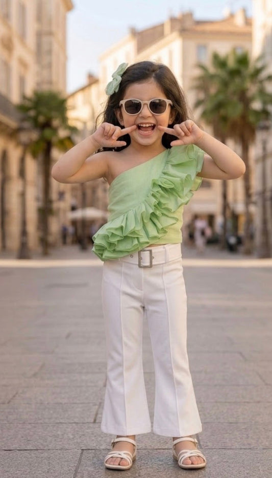 Mint Elegance One-Shoulder Ruffle Girls Party Top