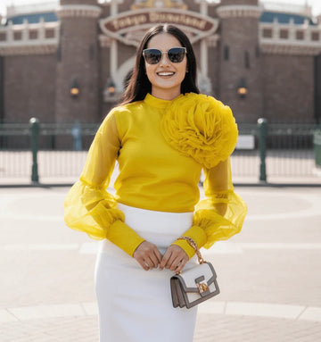 Yellow Floral Organza Puff Sleeves Top