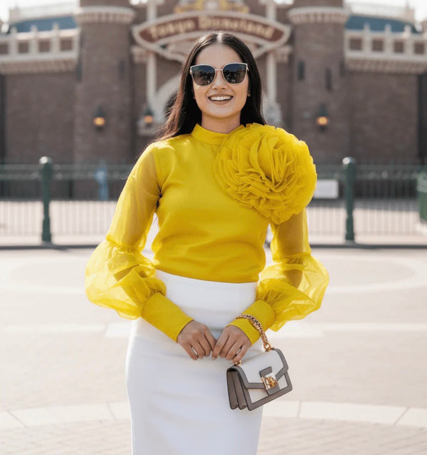 Yellow Floral Organza Puff Sleeves Top
