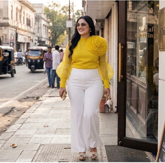 Grass Yellow Organza Top With Puff Sleeves