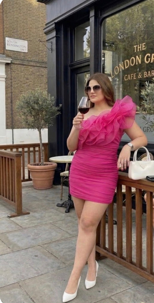 Hot Pink Ruffle One Shoulder Dress