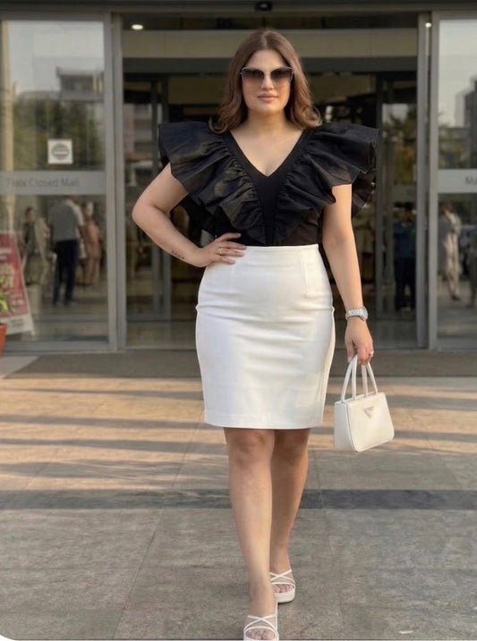 Black V-Neck Frill Organza Top