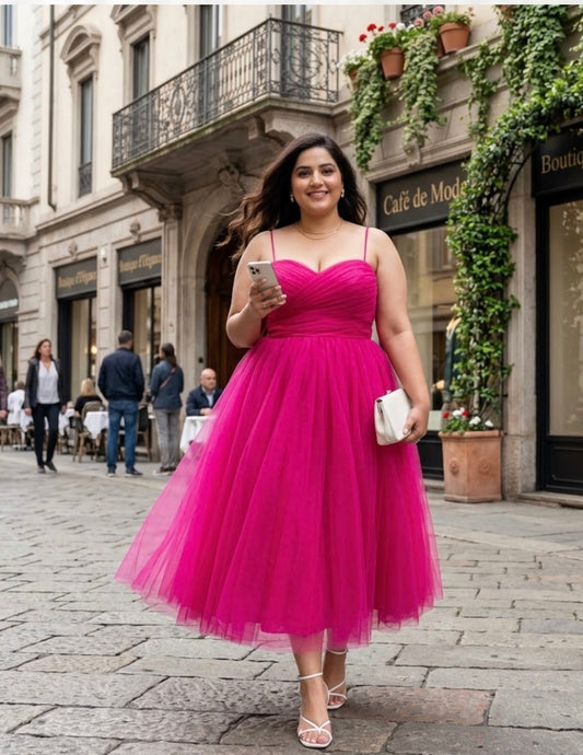 Sweetheart Neck Tulle Gown - Fuchsia Pink