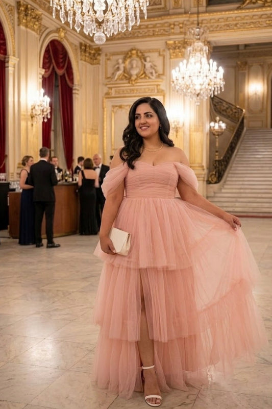 Baby Pink Off Shoulder Tulle Maxi Dress