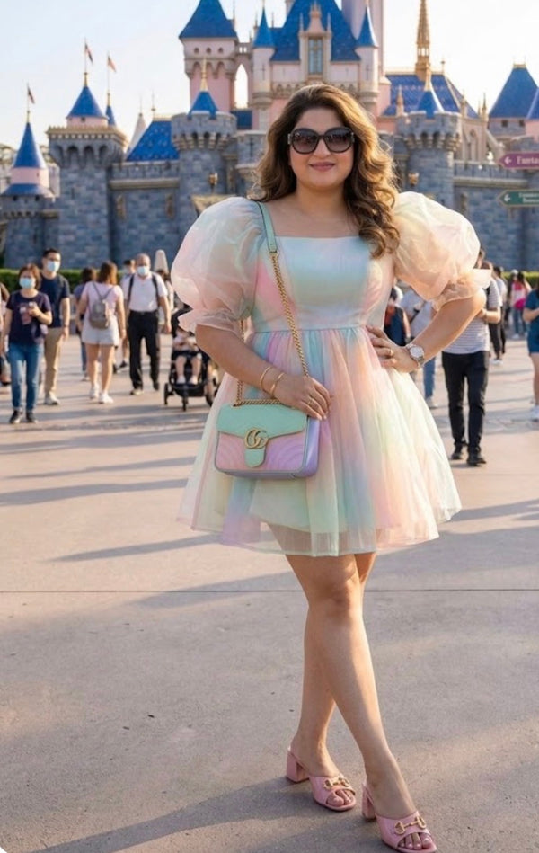 Rainbow Ombre Puffed Sleeves Unicorn A-Line Dress