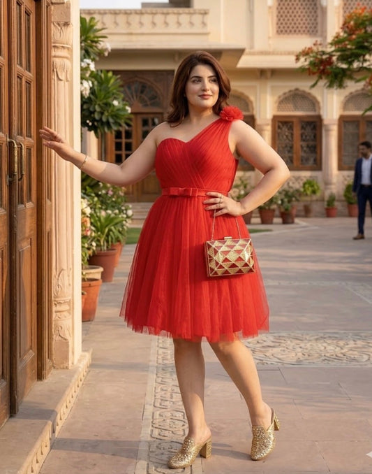 Romantic Ruched One Shoulder Party Dress - Red