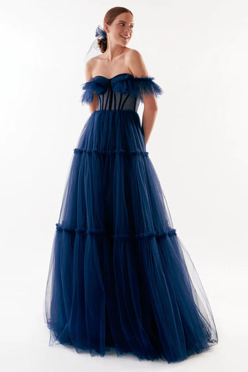 Angelic Offshoulder Corset Maxi Dress-  Dark Blue