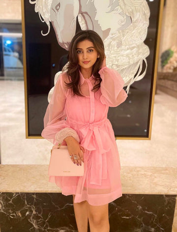 Petite Pink Organza Long Sleeve Skater Shirt Dress