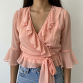 Peach Ruffle Belted Crop Top - AI Enhanced