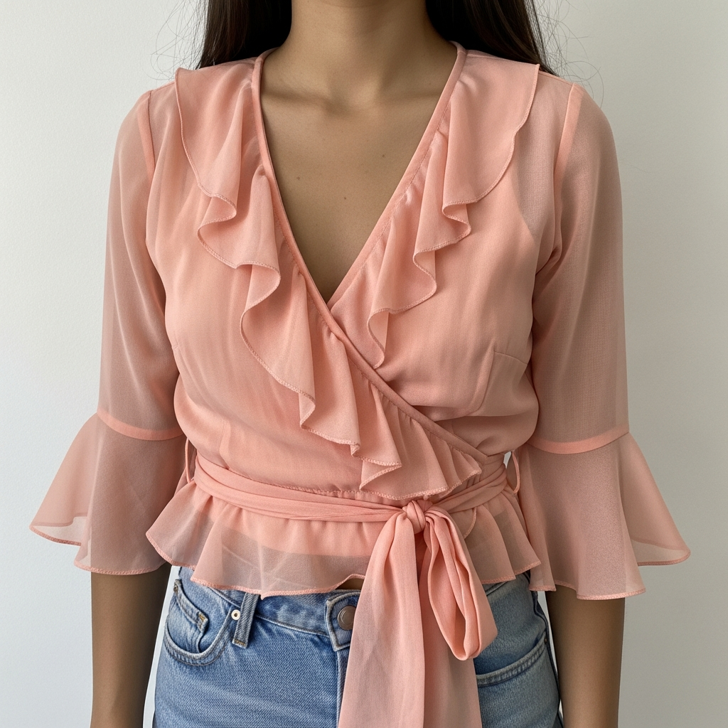 Peach Ruffle Belted Crop Top - AI Enhanced