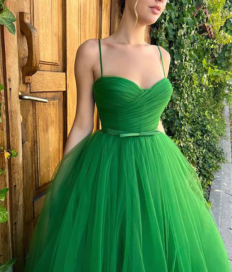 Sweetheart Neck Tulle Maxi Dress- Emerald Green