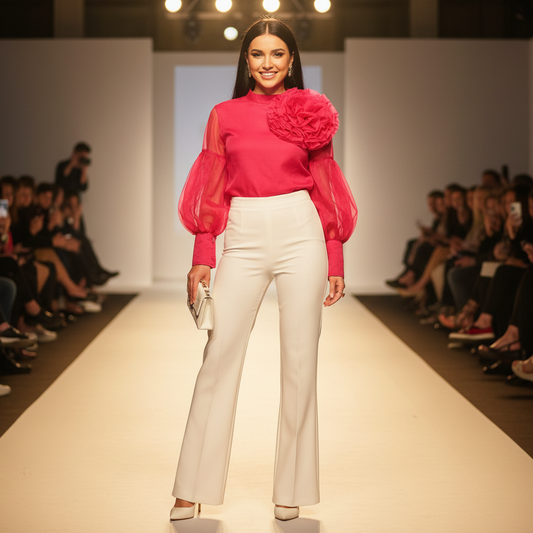 Organza Top With Puff Sleeves Flower Design - Fuchsia Pink