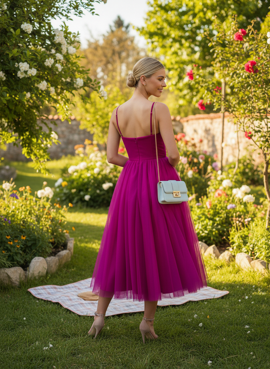 Sweetheart Neck Tulle Gown - Fuchsia Pink