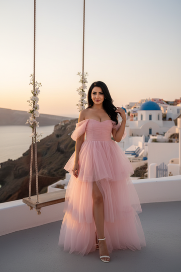 Beautiful Off Shoulder Tulle Maxi Dress Baby Pink