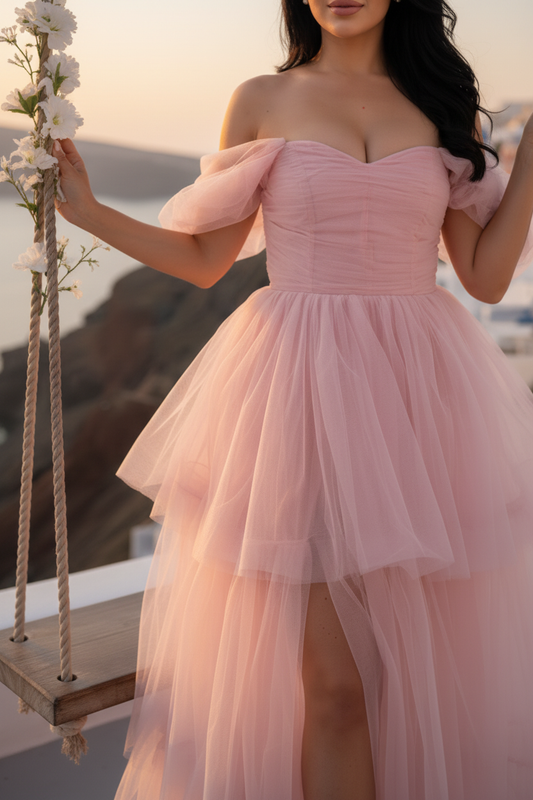 Beautiful Off Shoulder Tulle Maxi Dress Baby Pink