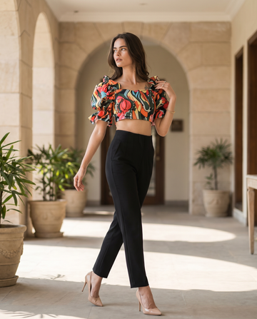 Abstract Print Ruffle Puff Sleeve Crop Top