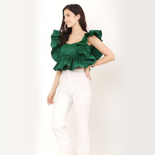 Fluffy Ruffle Crop Top - Green